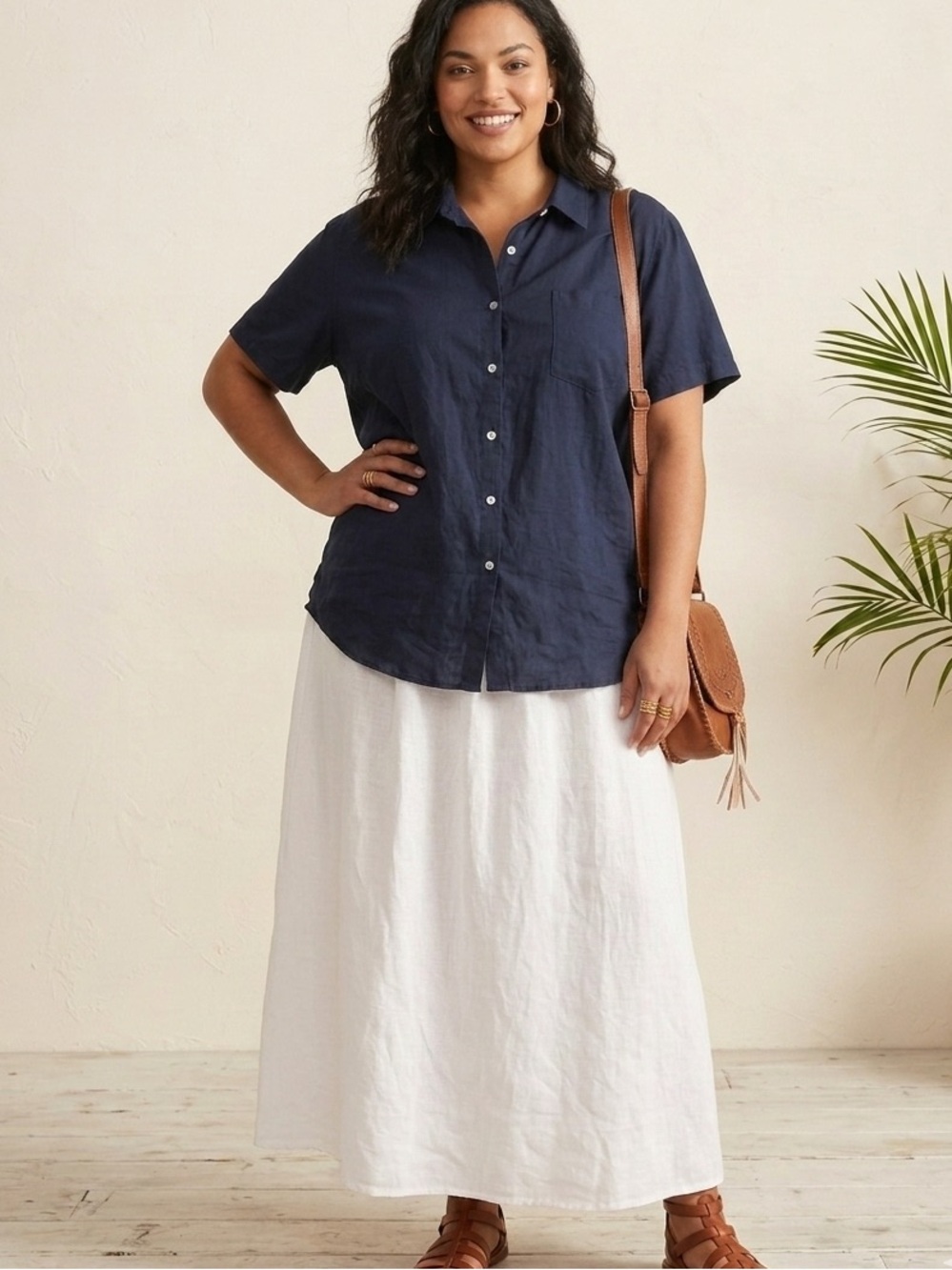Style & Co. Blue Linen Cotton Woven Collared Button-Up Shirt Women's 22W